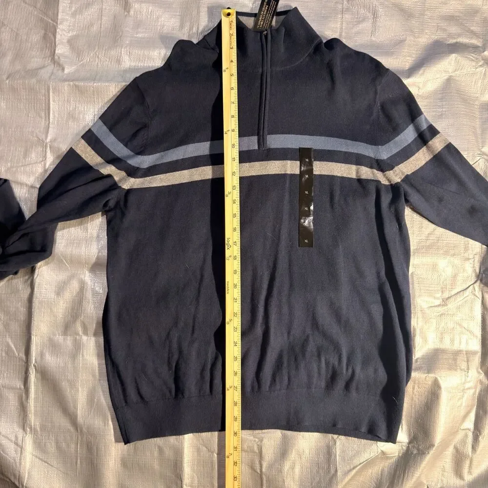 NWT Banana Republic Sweater Mens XL Blue Striped Premium Luxe Yarn 1/4 Zip $70